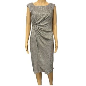 Dressbarn Sleeveless Silver Cinched Cascading Waist Cocktail Dress Metallic 8